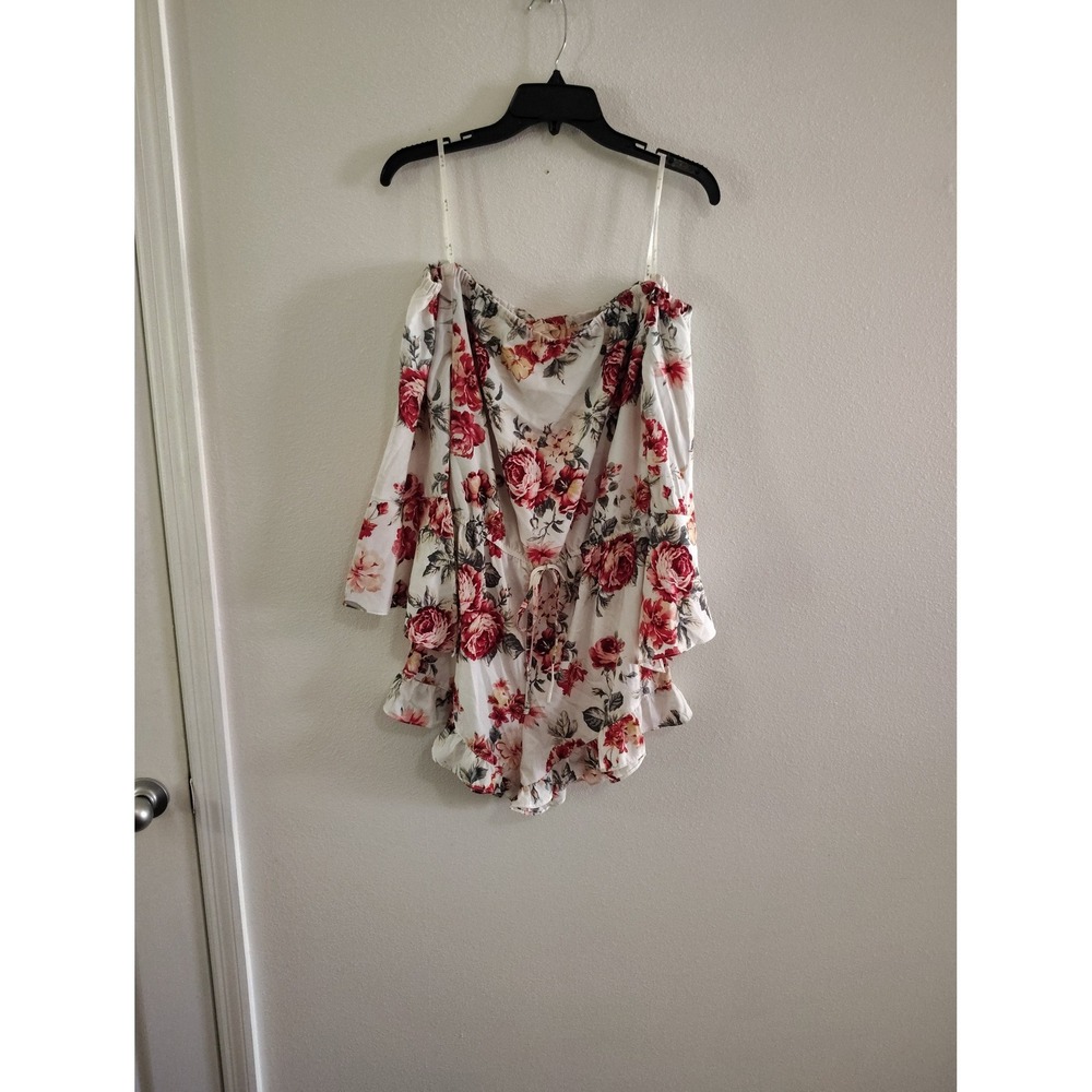 E&M Floral Off The Shoulder‎ Romper White Red Rose Bell Sleeve Ruffle Hem Large